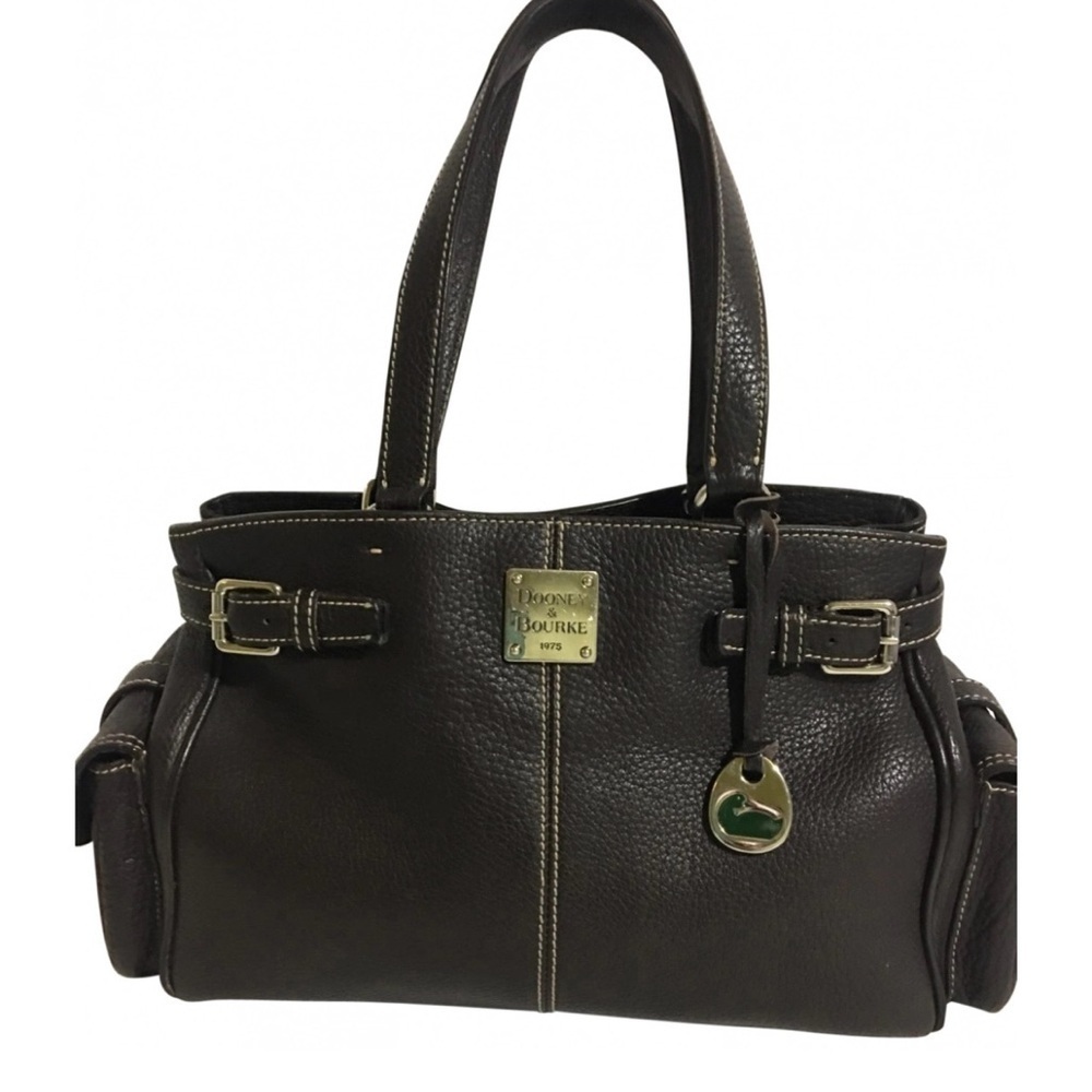 Dooney & Bourke Black Leather Shoulder Bag with Gold Hardware and Buckle Details
